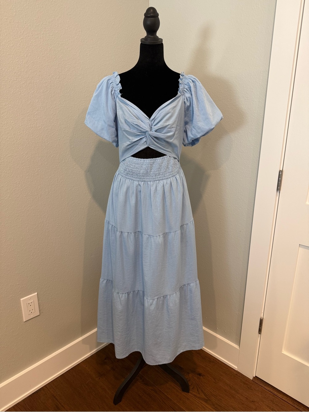 Light Blue peek a boo accent Maxi dress- Twist Crop Top & Tiered Skirt